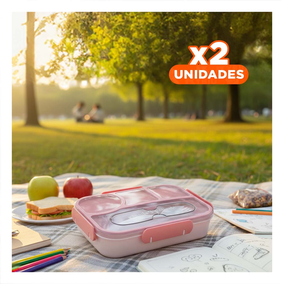 PACK2 ESTUCHE RECTANGULAR 4 ESPACIOS CON TENEDOR 1100ML ROSADO MODERNO Y+PAPEL REGALO - 1