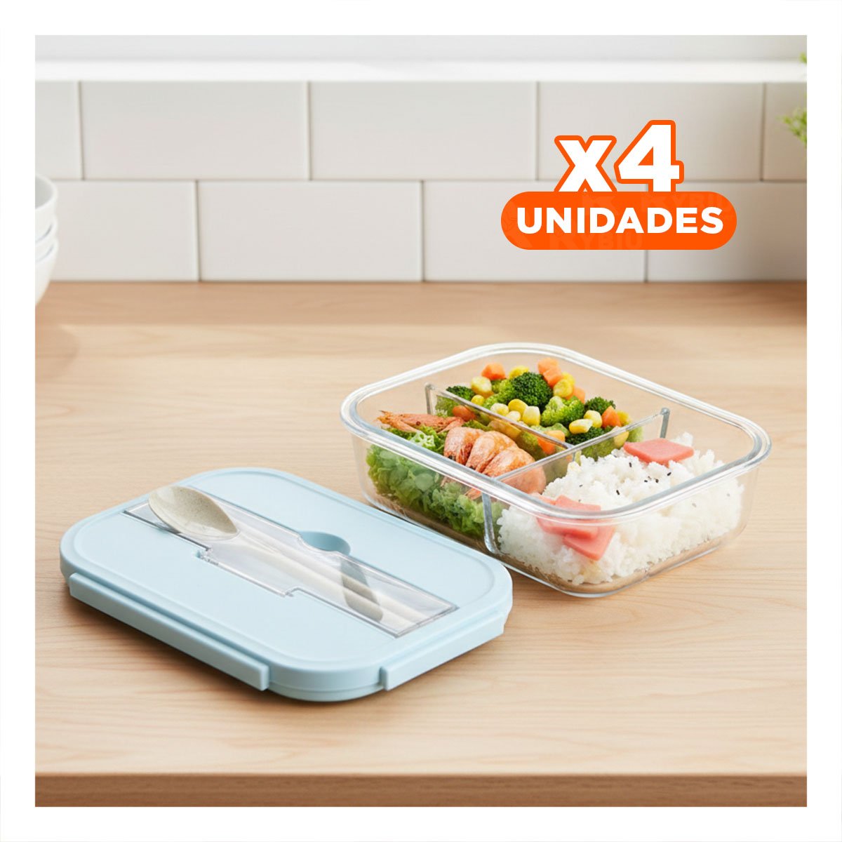 PACK4 ORGANIZADOR DE VIDRIO CON 3 DIVISIONES PARA ALMUERZO TAPA CELESTE Y+REGALO STICKER - 1