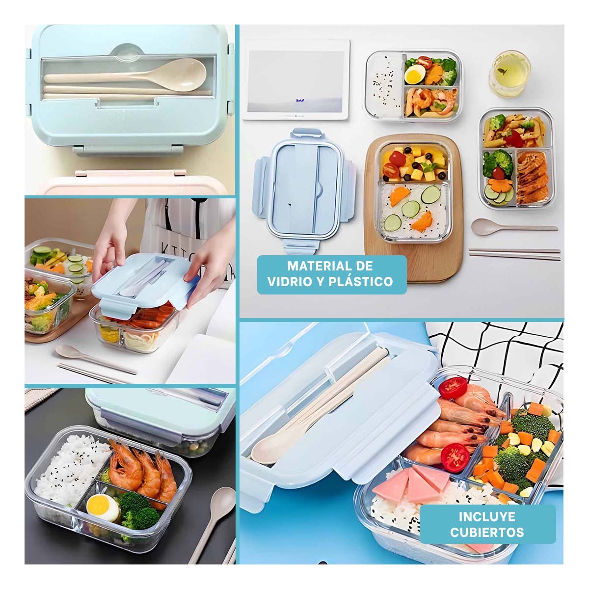 PACK4 ORGANIZADOR DE VIDRIO CON 3 DIVISIONES PARA ALMUERZO TAPA CELESTE Y+REGALO STICKER - 2