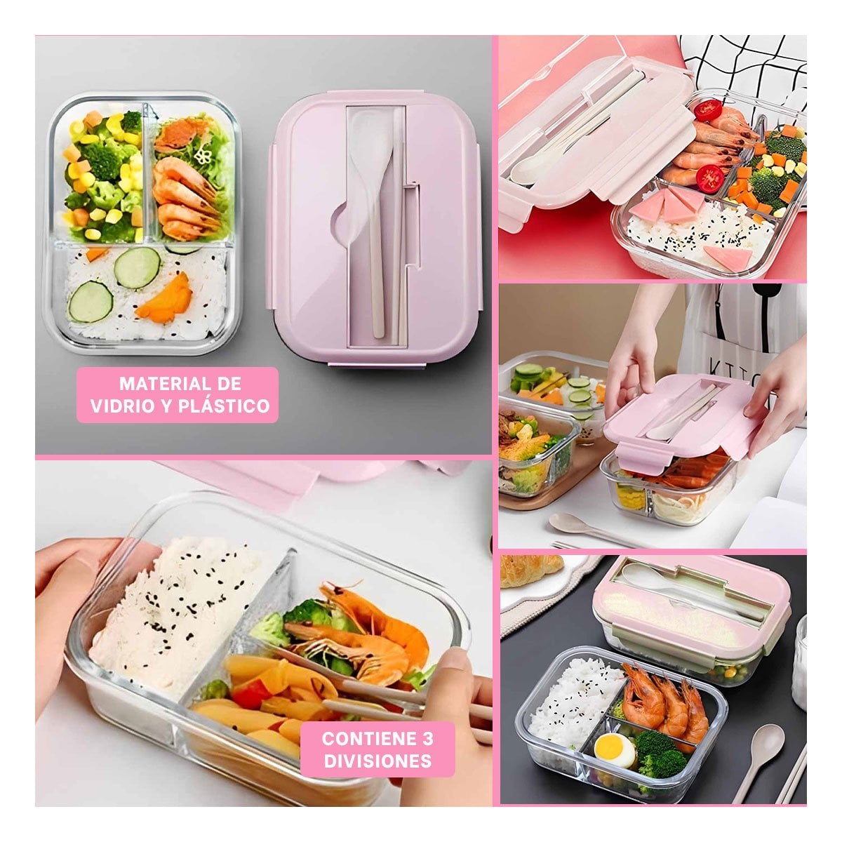 PACK6 CAJA CON CUBIERTOS 3 DIVISIONES PARA PICNIC FAMILIAR TAPA ROSADO Y+PAPEL REGALO - 3