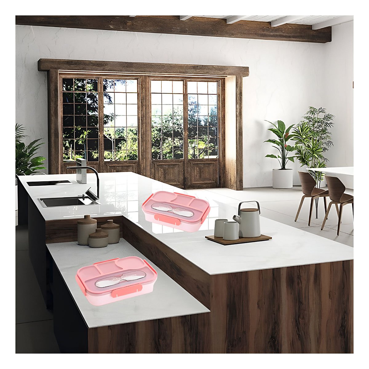 PACK6 FIAMBRERA RECTANGULAR 4 ESPACIOS CON TENEDOR 1100ML ROSADO MODERNO - 2