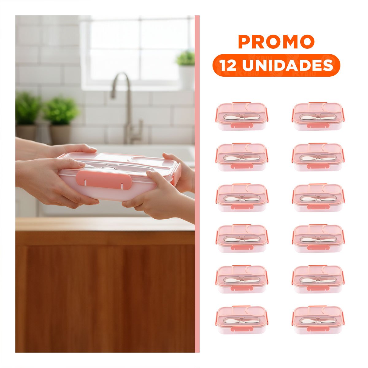 PACK12 FIAMBRERA RECTANGULAR 4 ESPACIOS CON TENEDOR 1100ML ROSADO DURADERO - 1