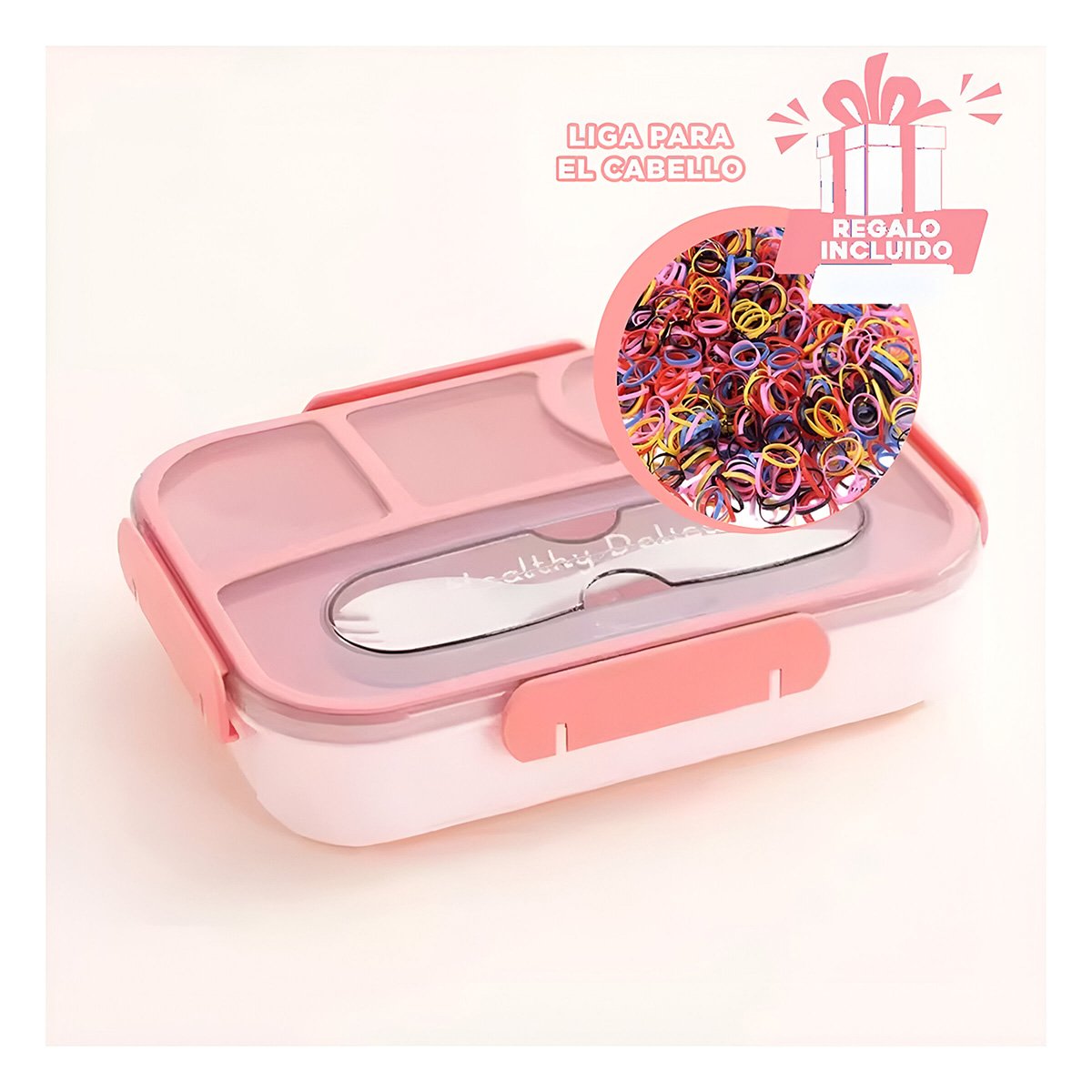 CAJA RECTANGULAR 4 ESPACIOS CON TENEDOR 1100ML ROSADO PRACTICO Y+LIGAS REGALO - 2
