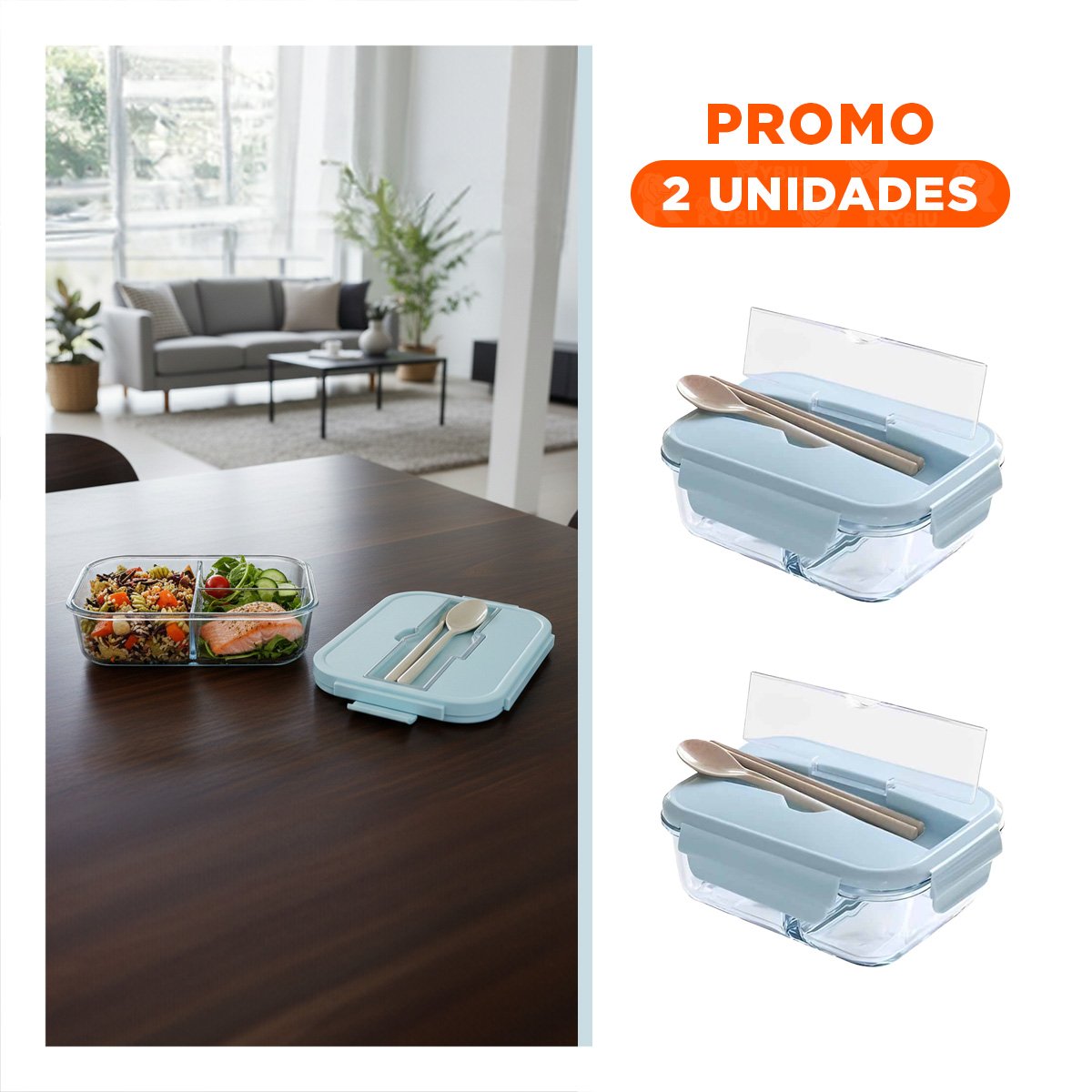 PACK2 CONTENEDOR DE VIDRIO CON DIVISIONES PARA BOCADILLOS TAPA CELESTE Y+REGALO STICKER - 1
