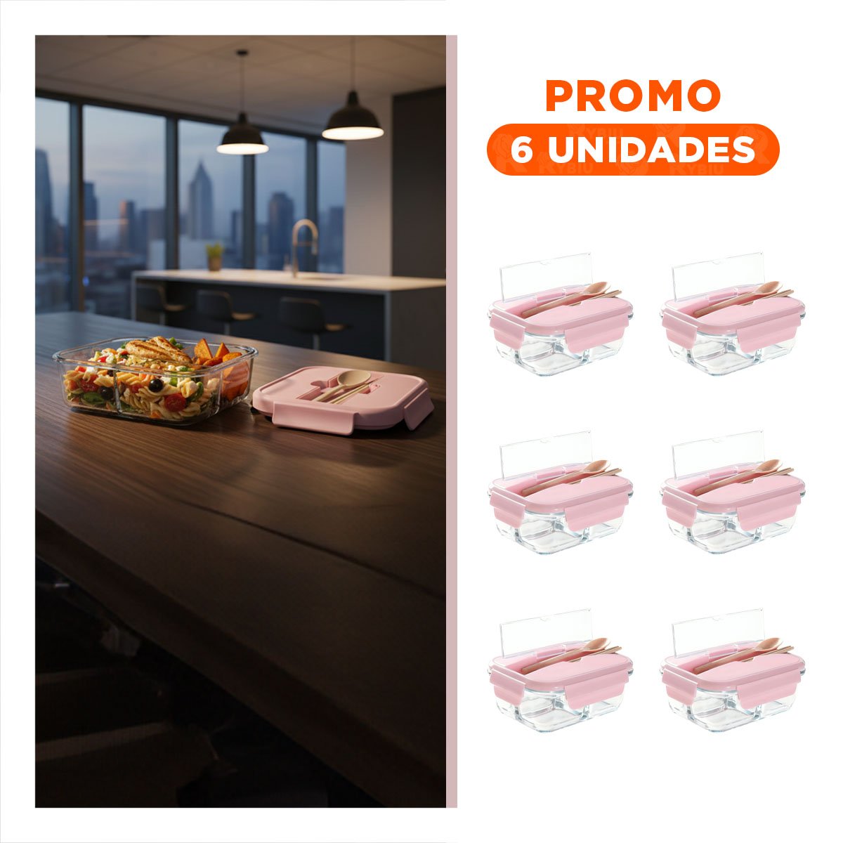 PACK6 CAJA CON CUBIERTOS 3 DIVISIONES PARA PREPARACIÓN DE SNACKS TAPA ROSADO Y+REGALO STICKER - 1