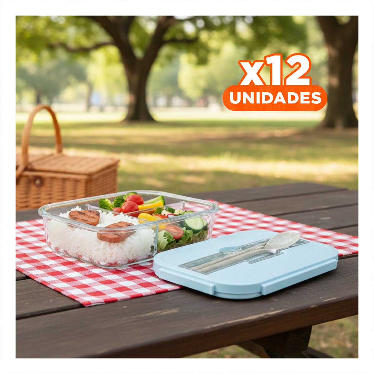 PACK12 CUBETA DE VIDRIO CON 3 DIVISIONES PARA ENSALADAS Y SNACK TAPA CELESTE Y+PAPEL REGALO - 1