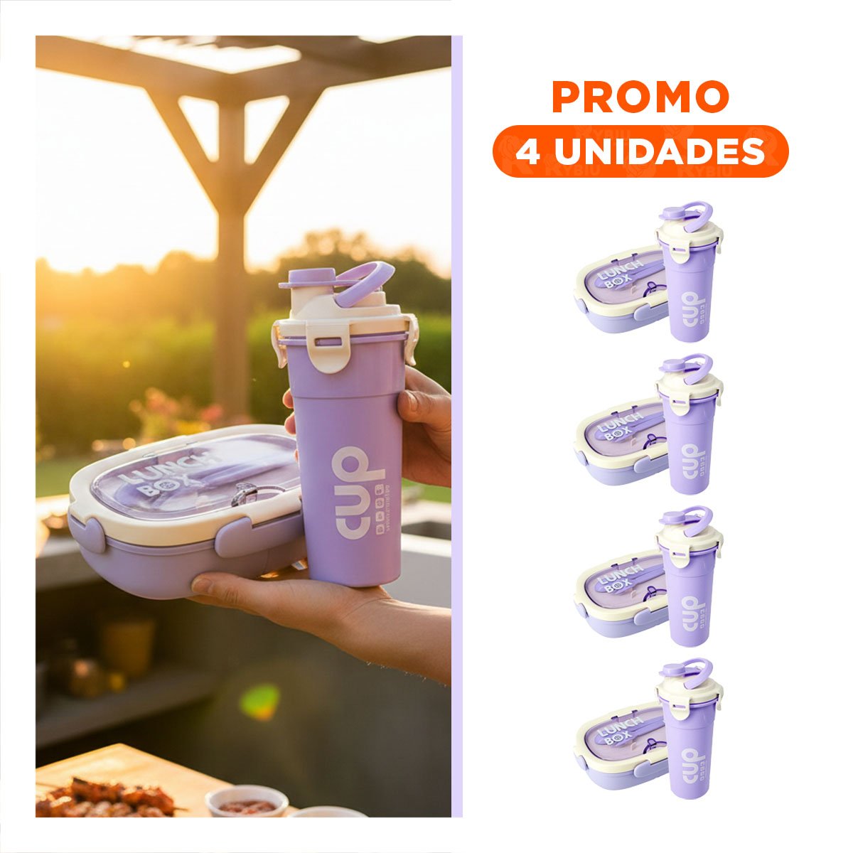 PACK4 ESTUCHE 850ML CON CUBIERTOS Y TOMATODO 480ML LILA PRACTICO COMPACTO - 1