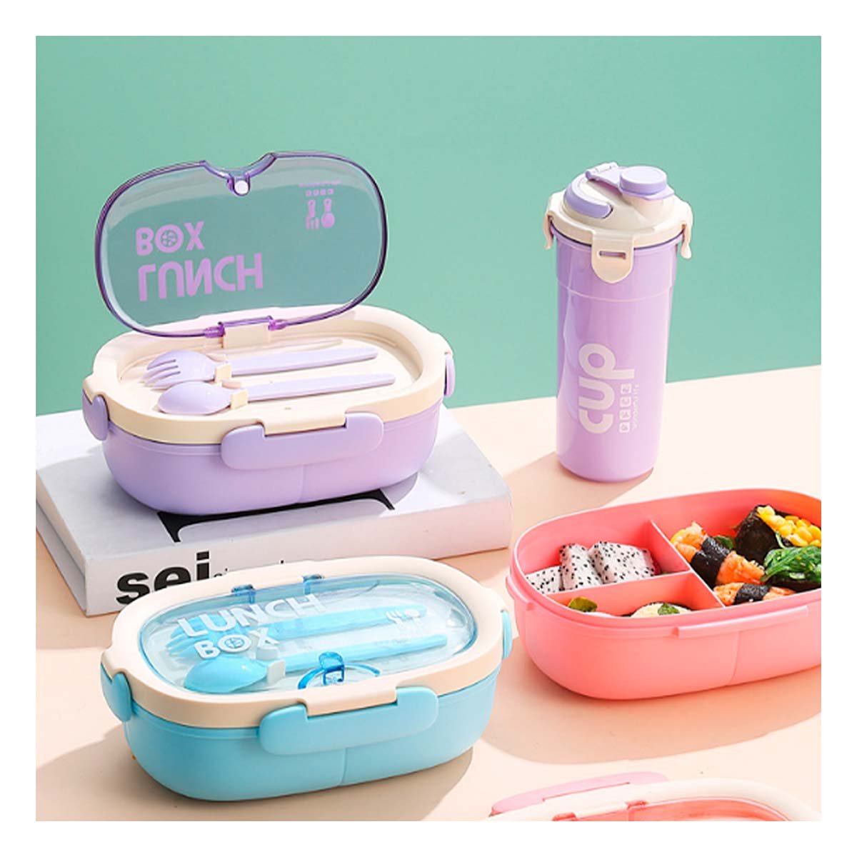 PACK4 ESTUCHE 850ML CON CUBIERTOS Y TOMATODO 480ML LILA PRACTICO COMPACTO - 2