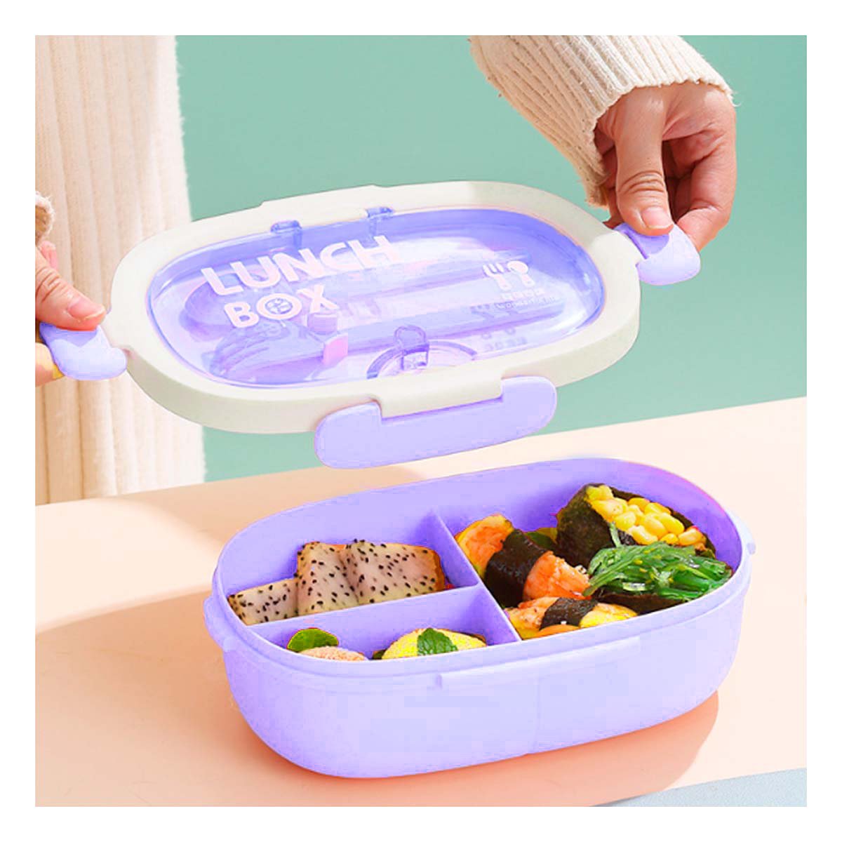 PACK4 ESTUCHE 850ML CON CUBIERTOS Y TOMATODO 480ML LILA PRACTICO COMPACTO - 3