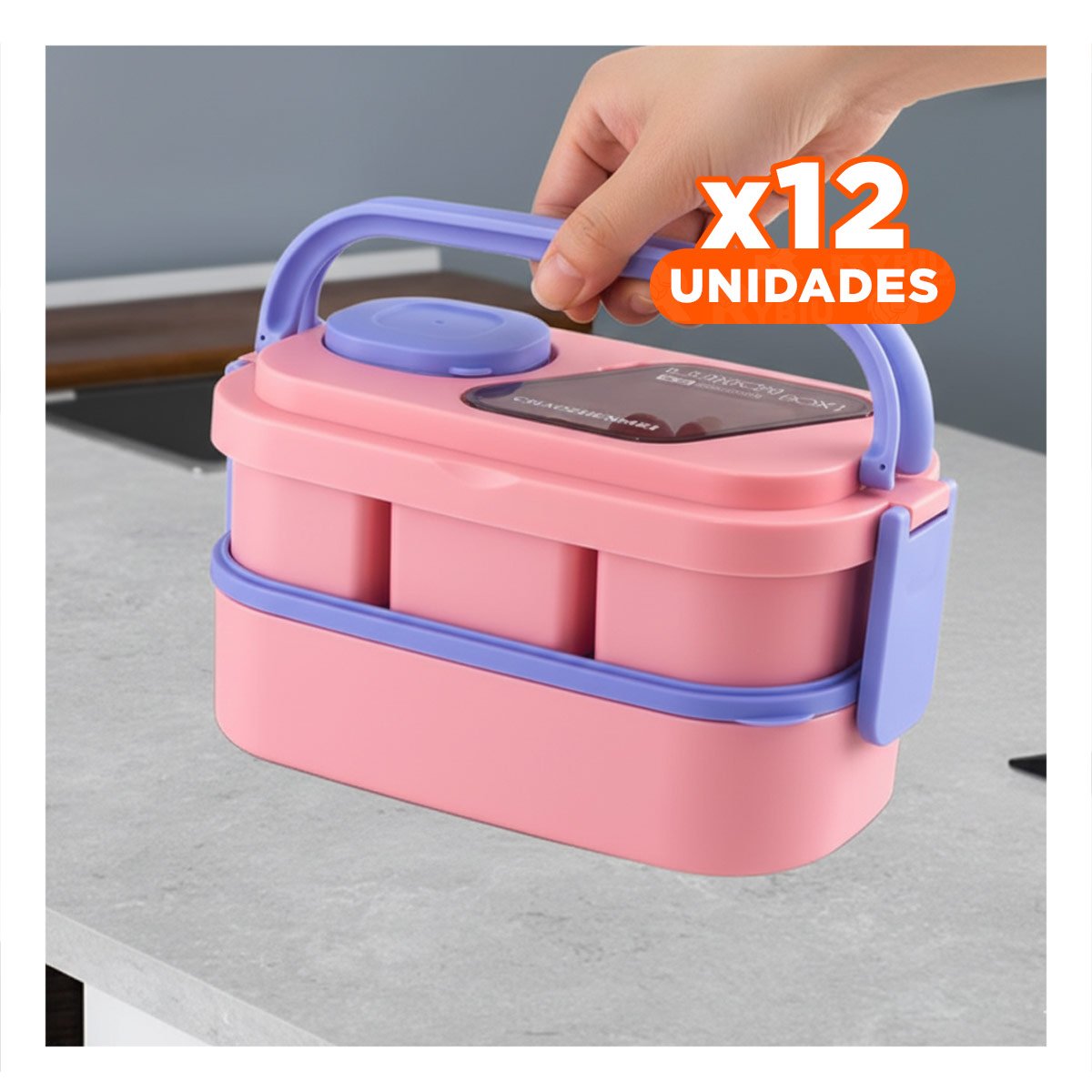 PACK12 BOTE APILABLE CON CUBIERTOS 2 PISOS ROSADO Y LILA PARA GUARDAR COMIDA Y+REGALO STICKER - 1