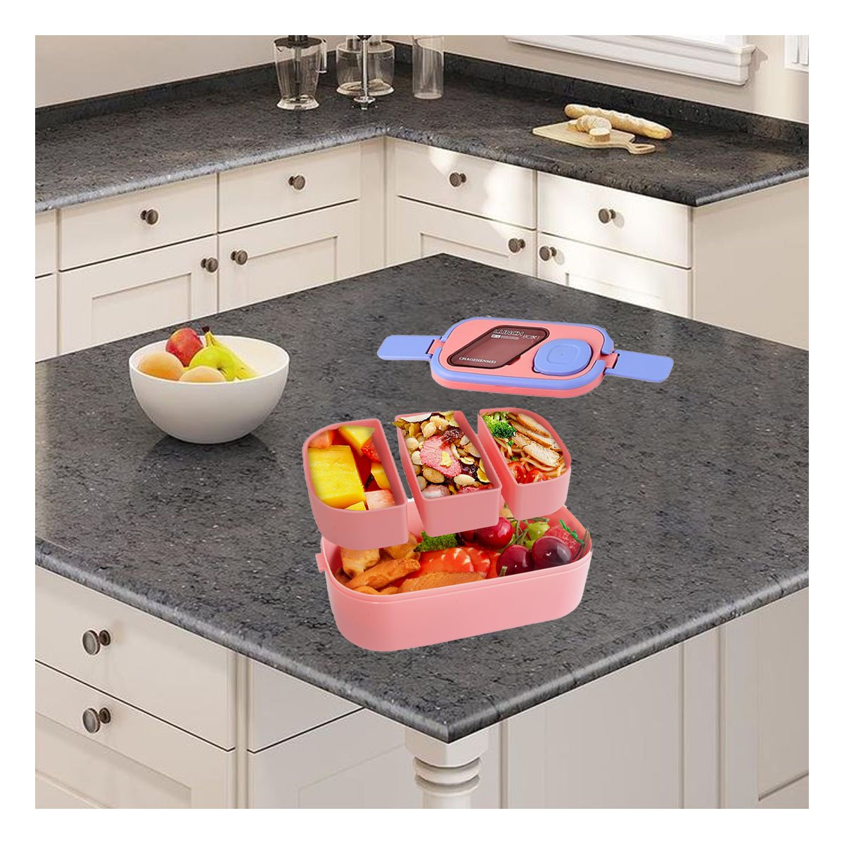 PACK12 BOTE APILABLE CON CUBIERTOS 2 PISOS ROSADO Y LILA PARA GUARDAR COMIDA Y+REGALO STICKER - 5