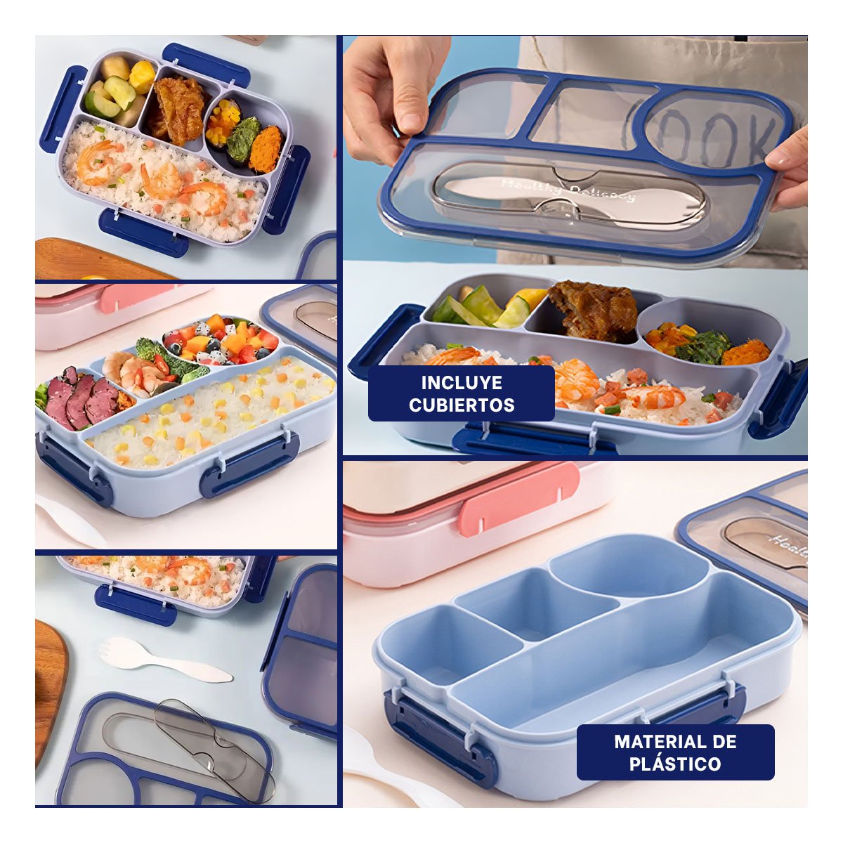 PACK4 FIAMBRERA RECTANGULAR 4 ESPACIOS CON TENEDOR 1100ML AZUL HERMETICO Y+REGALO STICKER - 2