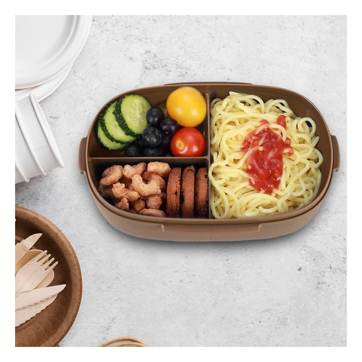 LONCHERA 850ML CON CUBIERTOS MARRON PARA TRANSPORTE DIARIO DE ALIMENTOS Y+POST IT - 3