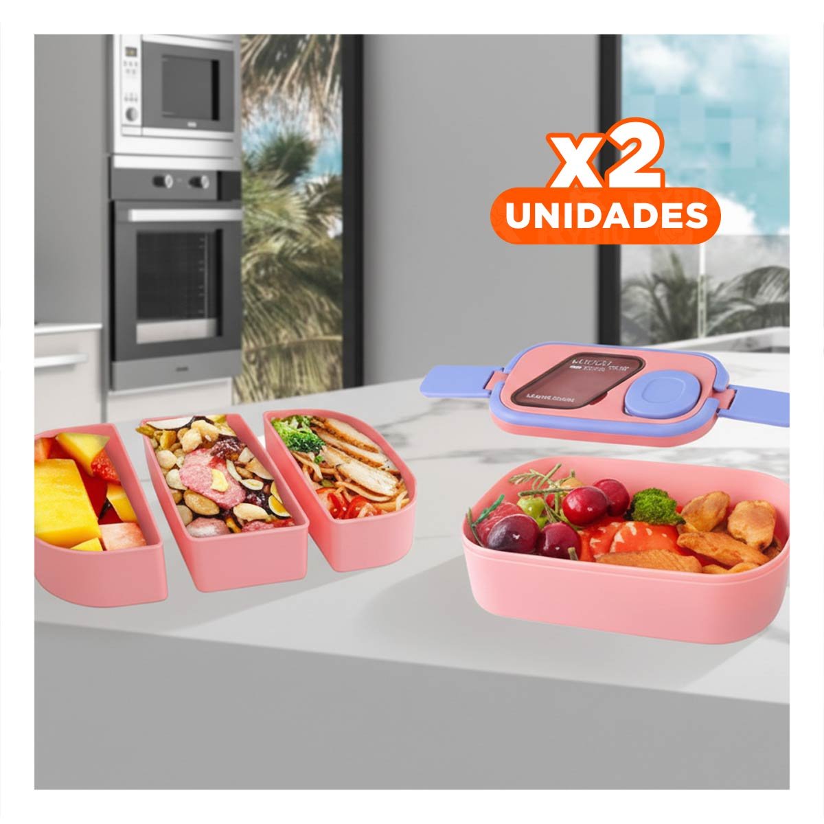 PACK2 CONTENEDOR ORGANIZADO 2 PISOS CON CUBIERTOS ROSADO Y LILA PARA COMIDAS Y+PAPEL REGALO - 1