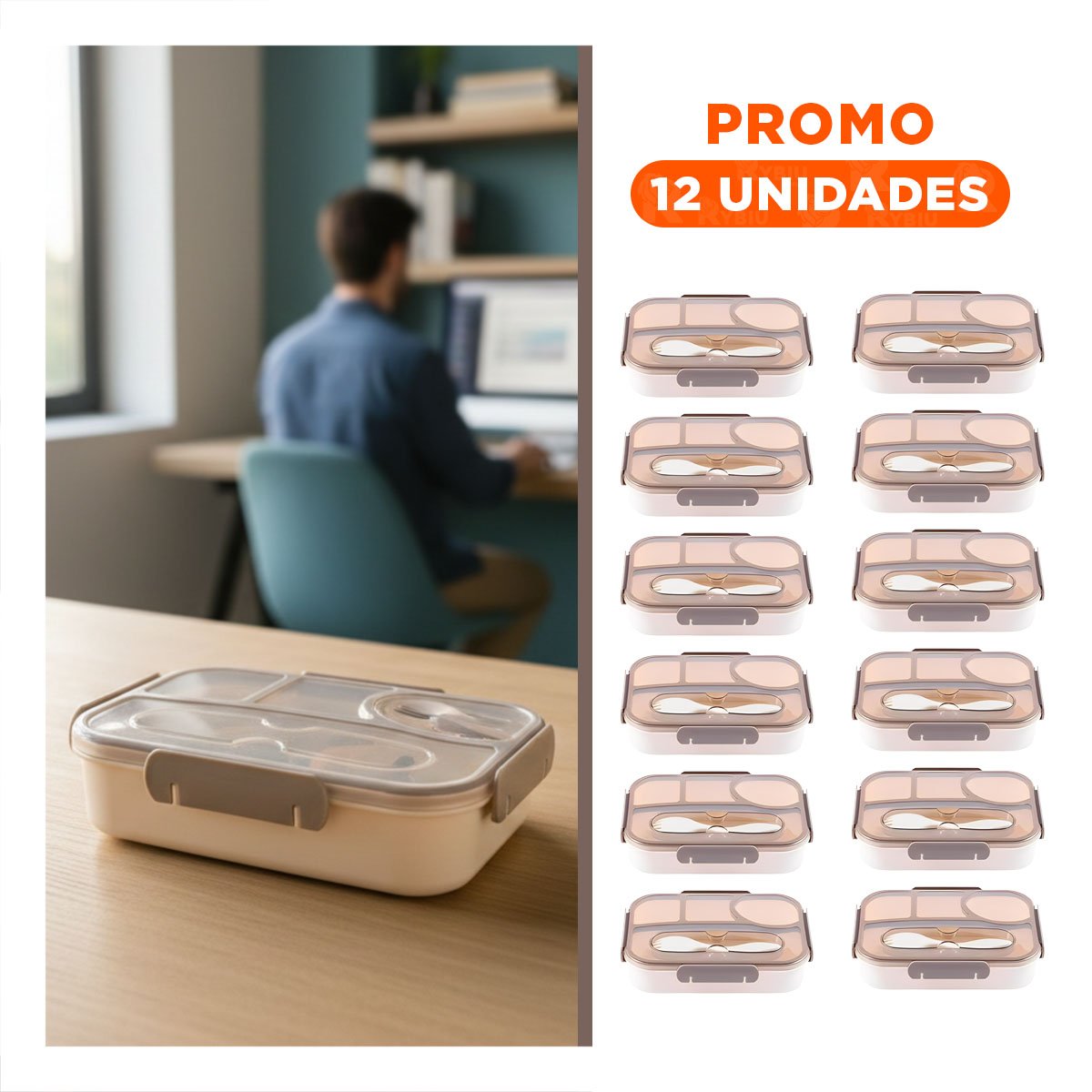 PACK12 FIAMBRERA RECTANGULAR 4 ESPACIOS CON TENEDOR 1100ML MARRON DURADERO - 1