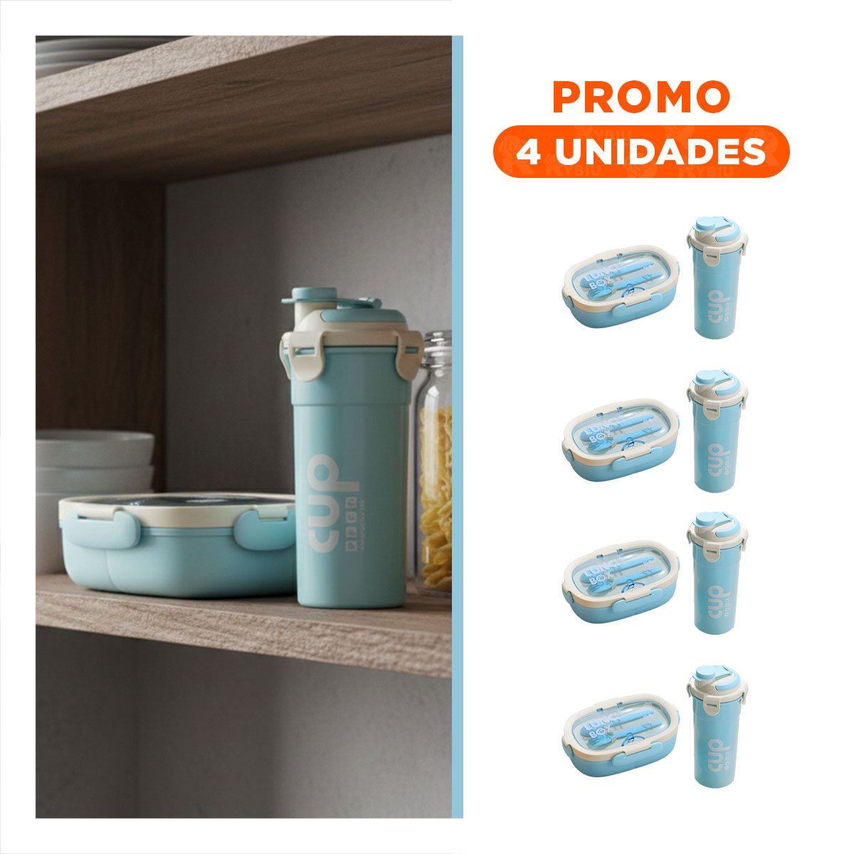 PACK4 ESTUCHE 850ML CON CUBIERTOS Y TOMATODO 480ML CELESTE PRACTICO - 1