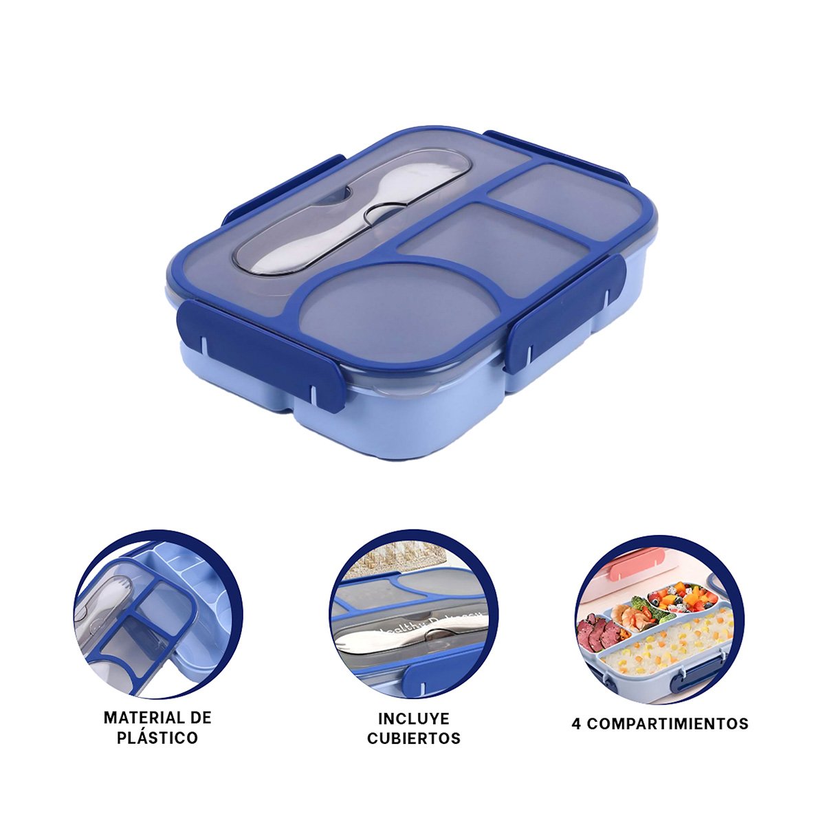 CAJA RECTANGULAR 4 ESPACIOS CON TENEDOR 1100ML AZUL MODERNO COMPACTO Y+PAPEL REGALO - 5