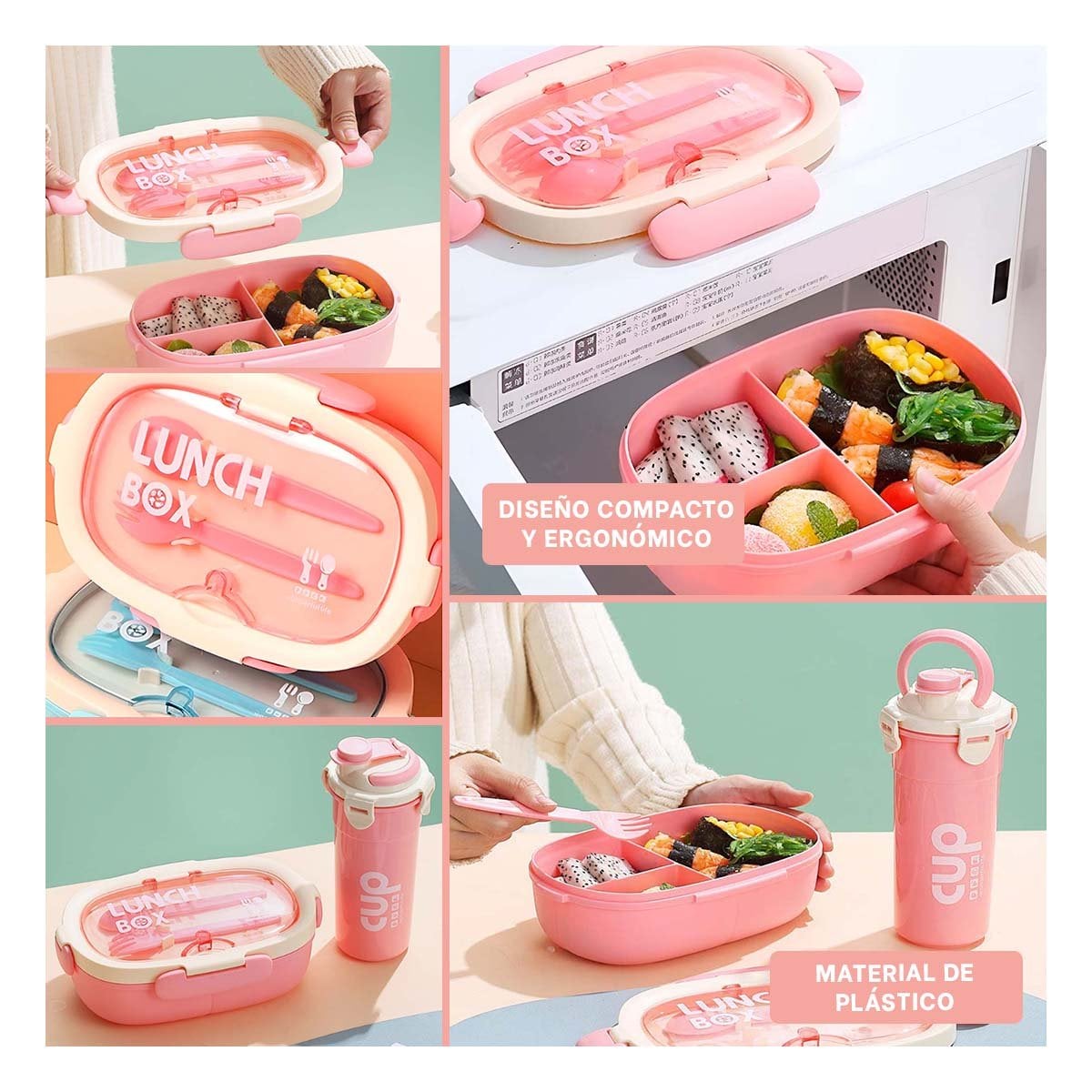 LONCHERA 850ML CON CUBIERTOS Y TOMATODO 480ML ROSADO PARA CASA MODERNA Y+PAPEL REGALO - 3