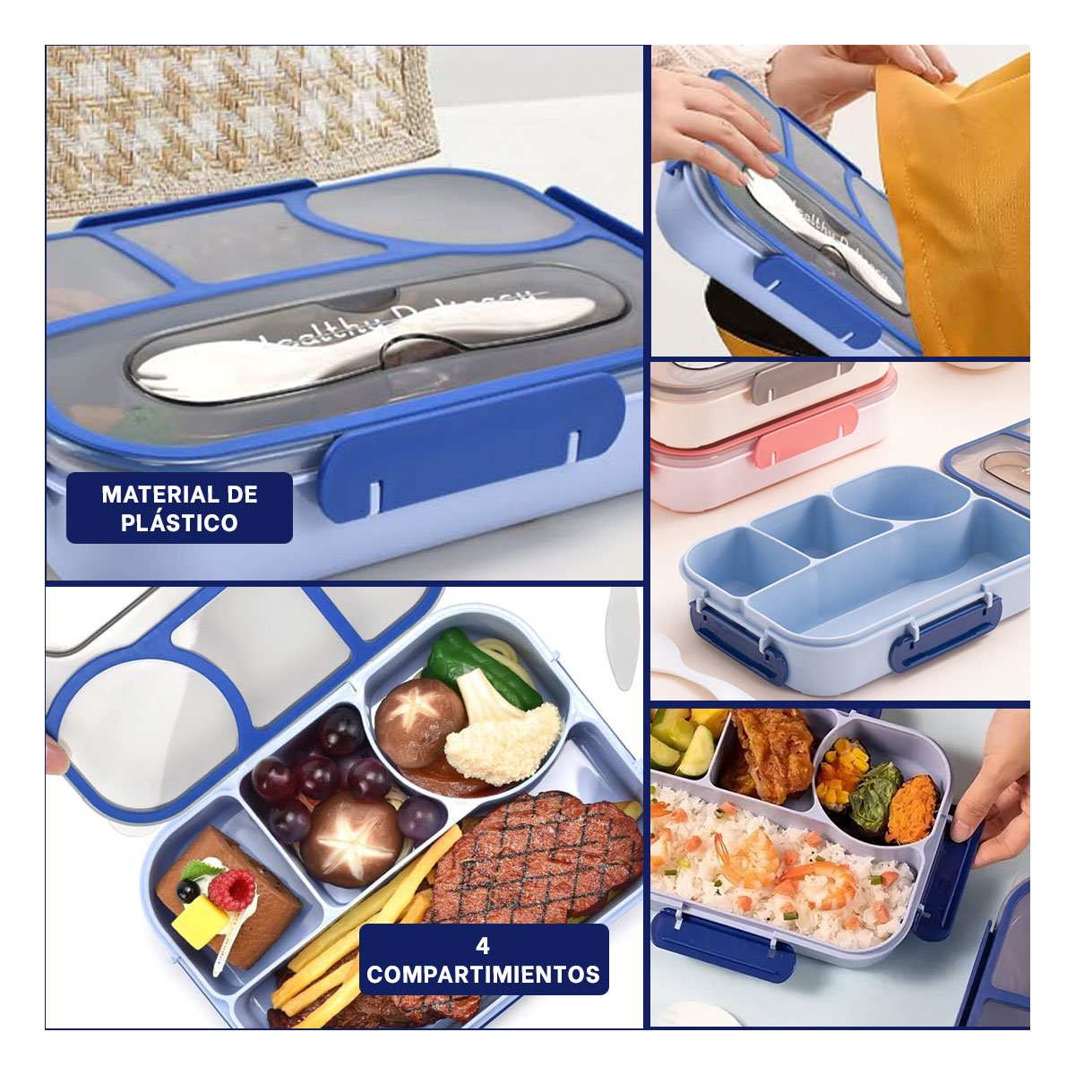 PACK12 FIAMBRERA RECTANGULAR 4 ESPACIOS CON TENEDOR 1100ML AZUL DURADERO - 2