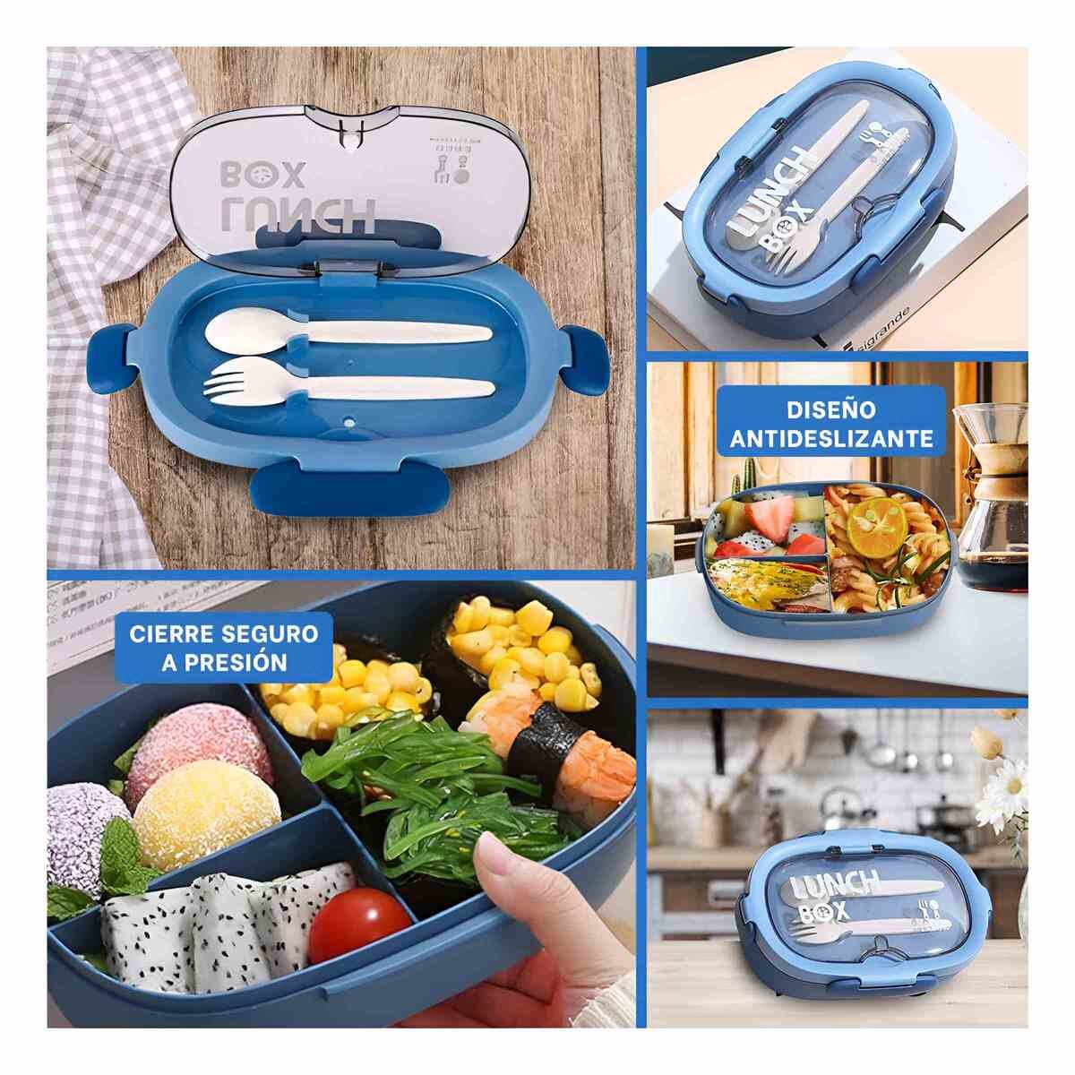 LONCHERA 850ML CON CUBIERTOS AZUL PARA HOGAR Y TRANSPORTE DIARIO SEGURO - 2