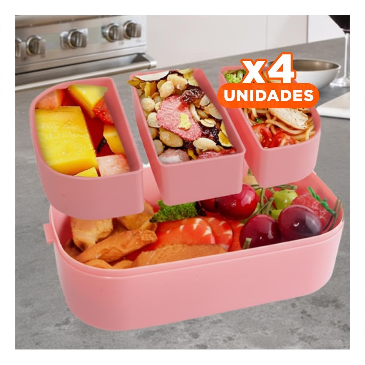 PACK4 CAJA DOBLE PISO CON COMPARTIMIENTOS Y CUBIERTOS ROSADO Y LILA PARA CASA Y+REGALO STICKER - 1