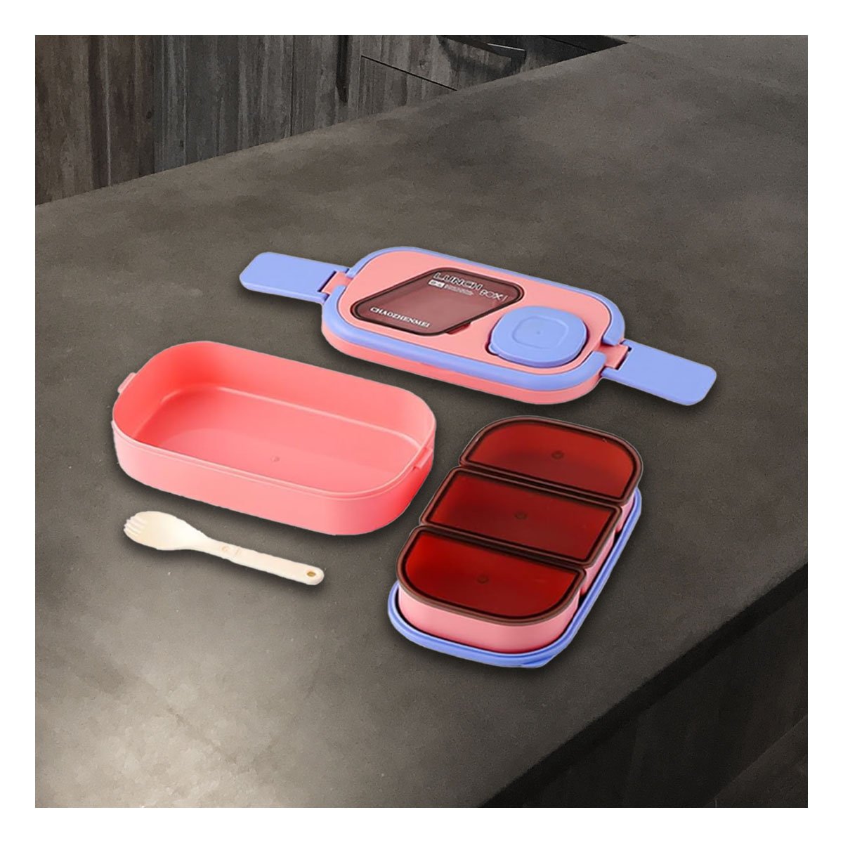 PACK4 CAJA DOBLE PISO CON COMPARTIMIENTOS Y CUBIERTOS ROSADO Y LILA PARA CASA Y+REGALO STICKER - 5