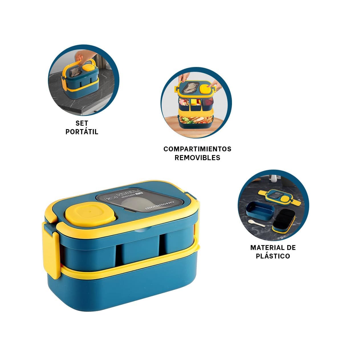 TAPER COMPACTO 2 PISOS CON CUBIERTOS INTEGRADOS AZUL Y AMARILLO PARA COCINA Y+PAPEL REGALO - 5