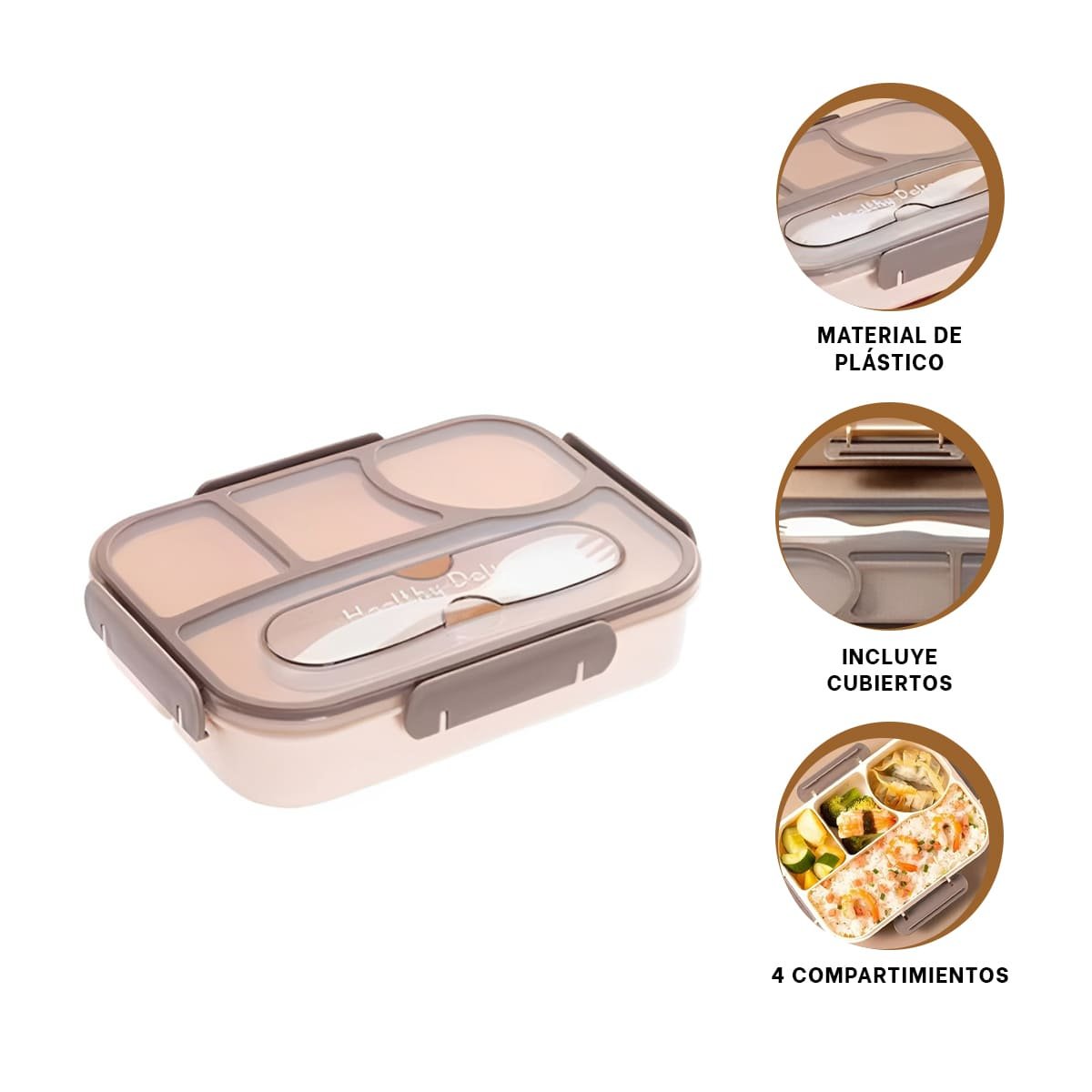 CAJA RECTANGULAR 4 ESPACIOS CON TENEDOR 1100ML MARRON DURADERO REFORZADO Y+POST IT - 5
