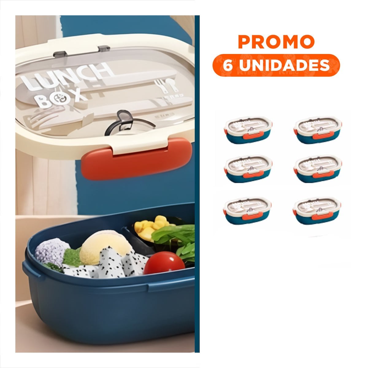PACK6 PORTA COMIDA 850ML CON CUBIERTOS CREMA Y AZUL MARINO LLEVAR COMIDA Y+REGALO STICKER - 1