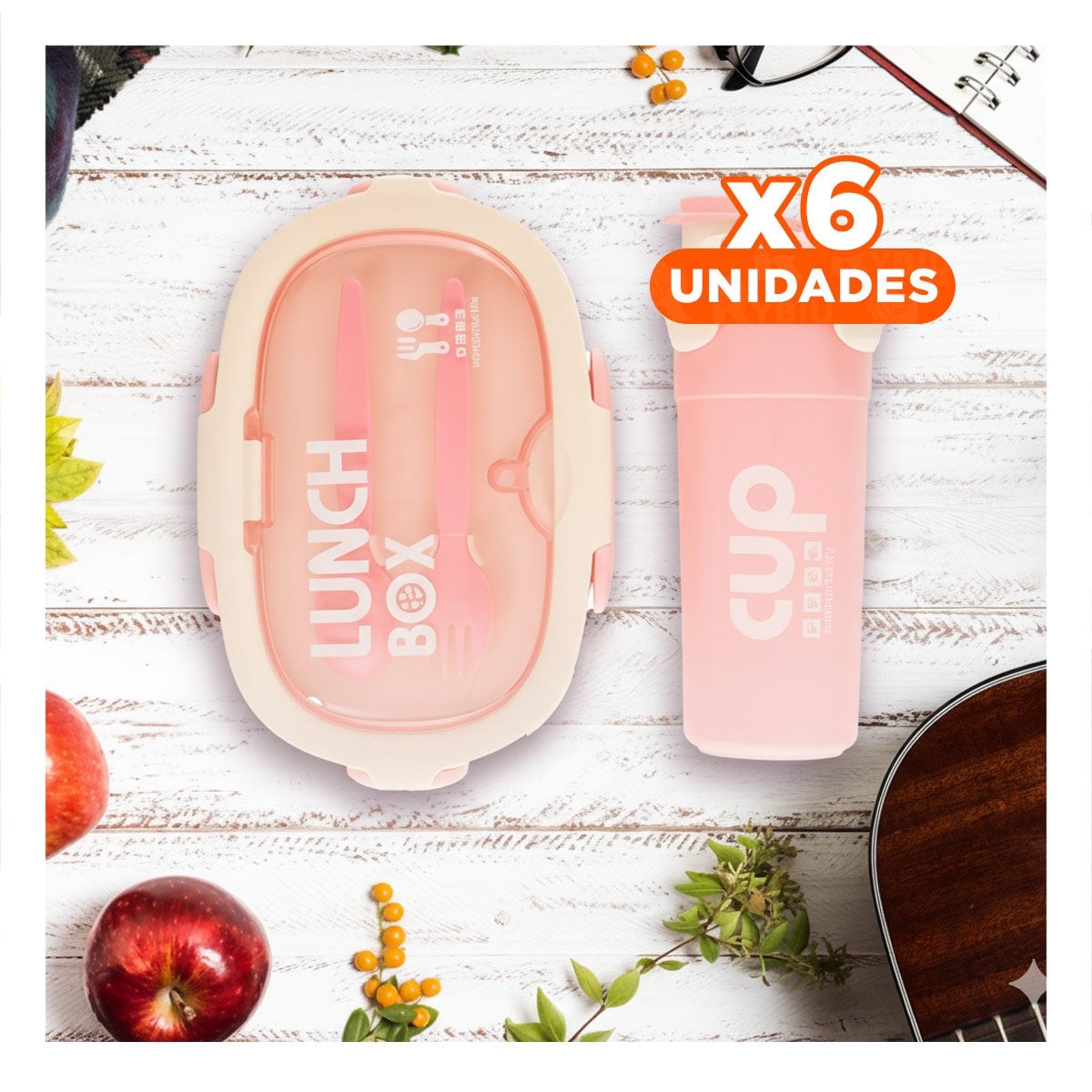 PACK6 PORTA COMIDA 850ML CON CUBIERTOS Y TOMATODO 480ML ROSADO PARA CASA - 1