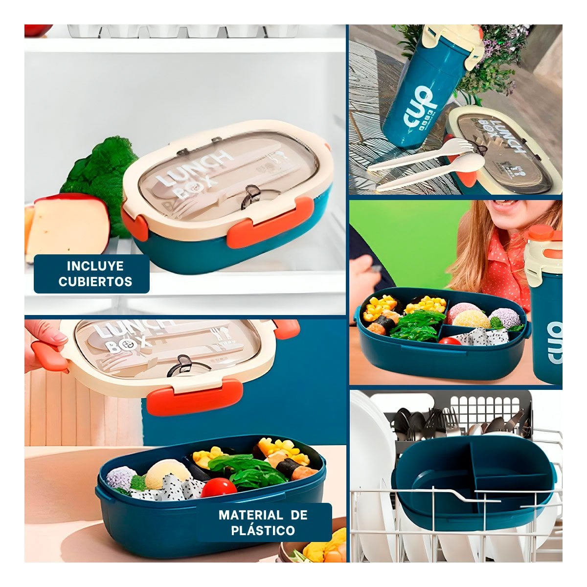 PACK6 PORTA COMIDA 850ML CON CUBIERTOS CREMA Y AZUL MARINO GUARDAR SNACKS Y+PAPEL REGALO - 3