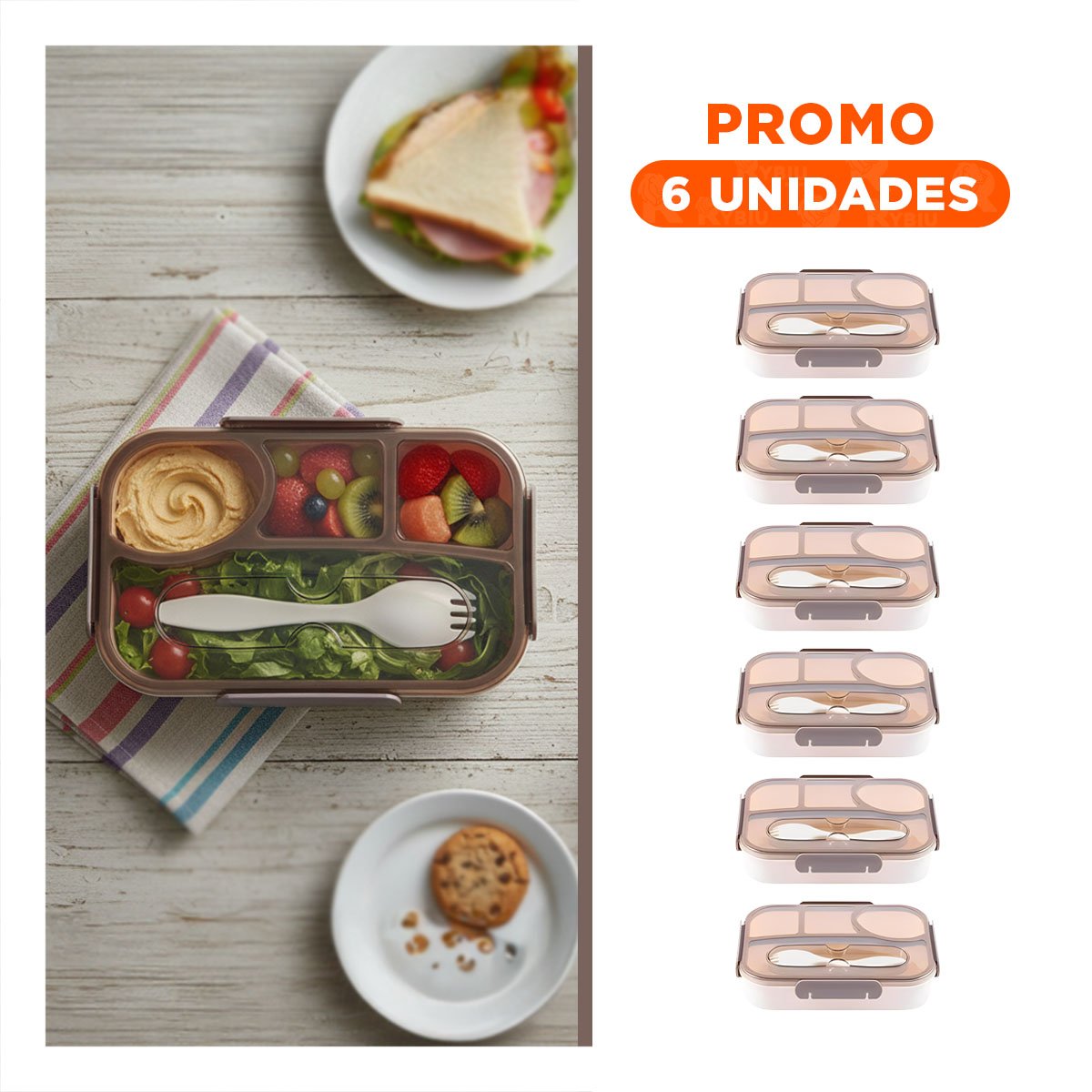 PACK6 FIAMBRERA RECTANGULAR 4 ESPACIOS CON TENEDOR 1100ML MARRON PRACTICO Y+REGALO STICKER - 1