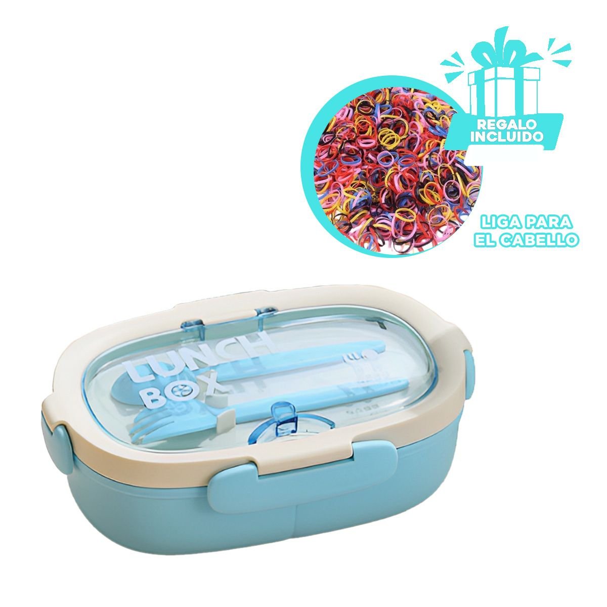 CAJA 850ML CON CUBIERTOS Y TOMATODO 480ML CELESTE PRACTICO VERSATIL Y+LIGAS REGALO - 2