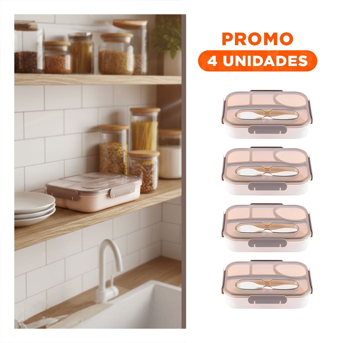 PACK4 ESTUCHE RECTANGULAR 4 ESPACIOS CON TENEDOR 1100ML MARRON PRACTICO - 1