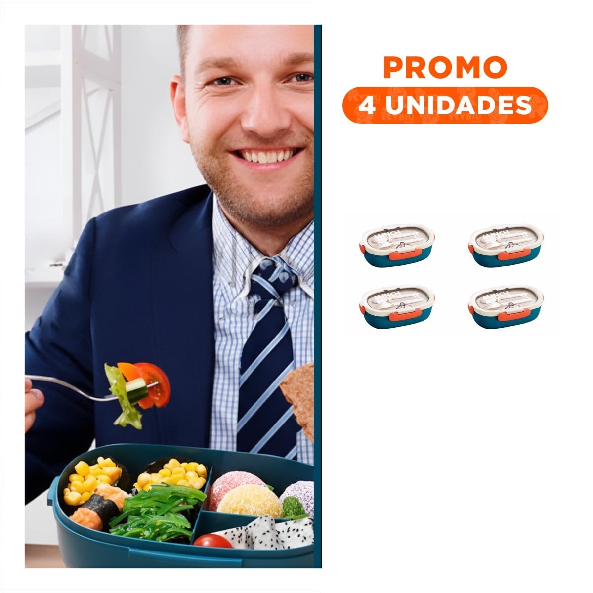 PACK4 ENVASE 850ML CON CUBIERTOS CREMA Y AZUL MARINO TRANSPORTAR COMIDA - 1