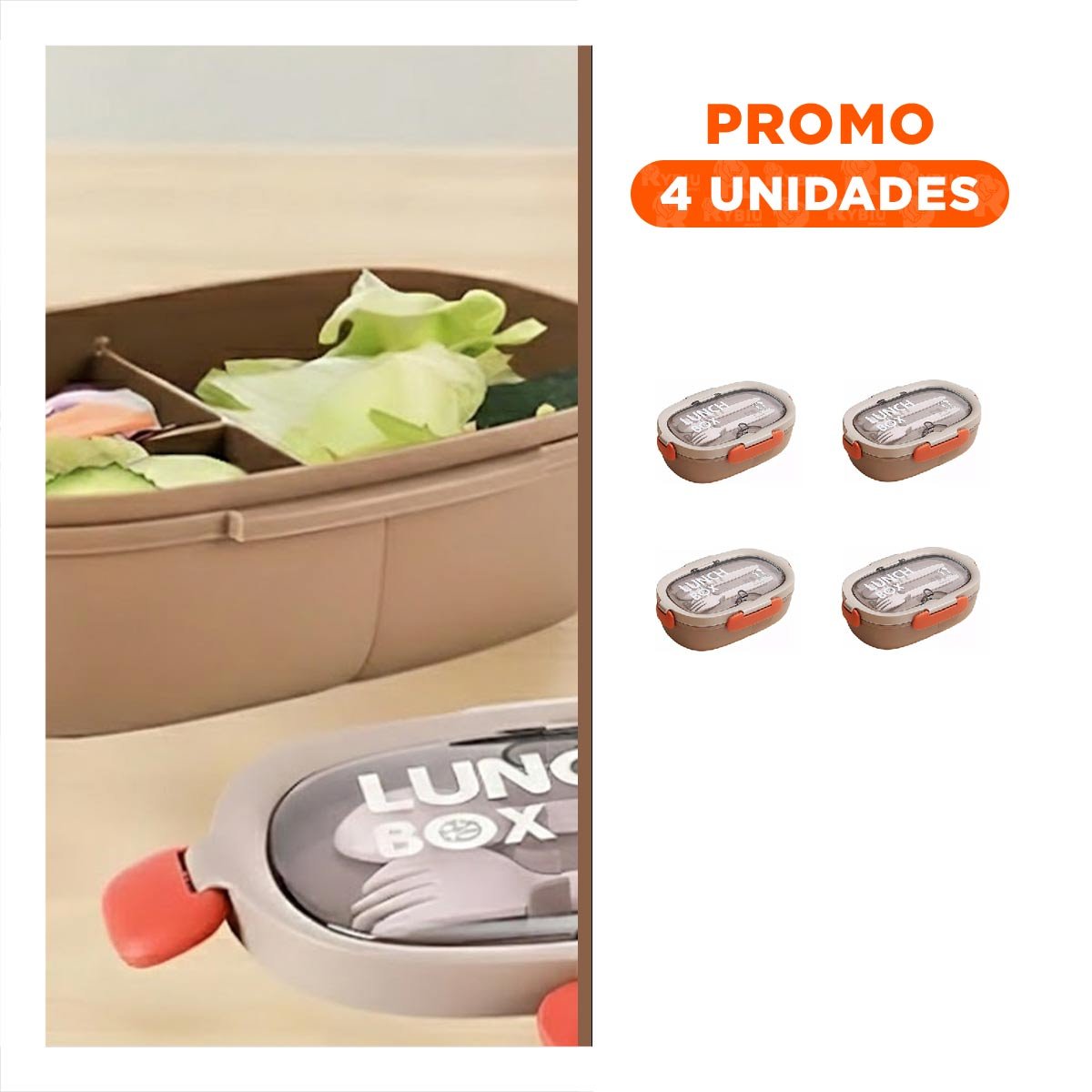 PACK4 ENVASE 850ML CON CUBIERTOS MARRON PARA TRANSPORTE COMIDA COLEGIO DIARIO - 1