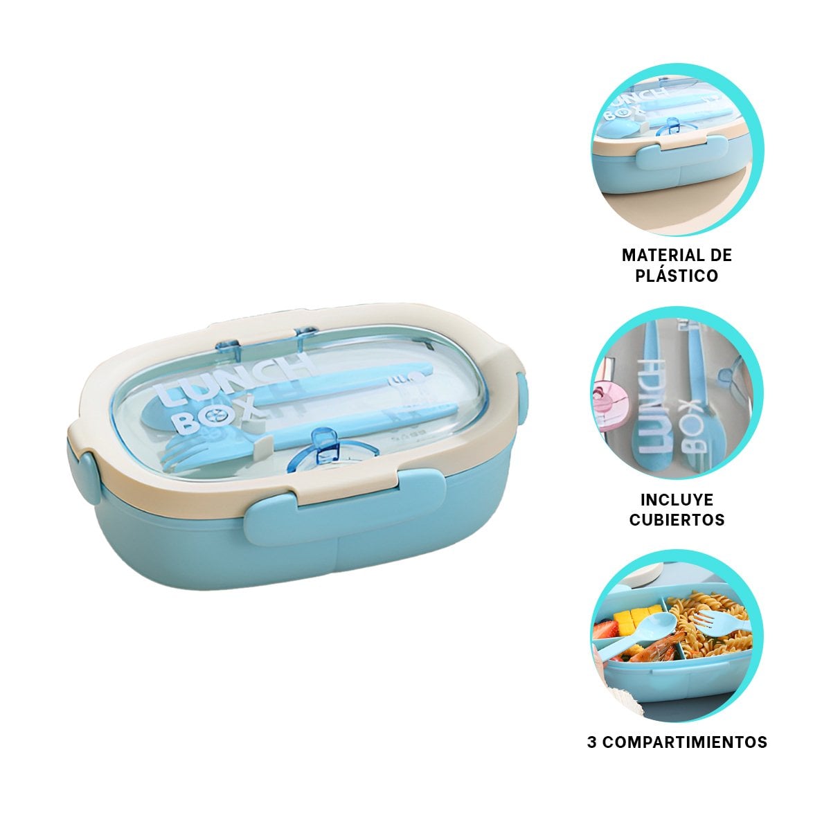 CAJA 850ML CON CUBIERTOS Y TOMATODO 480ML CELESTE DURADERO REFORZADO Y+POST IT - 5