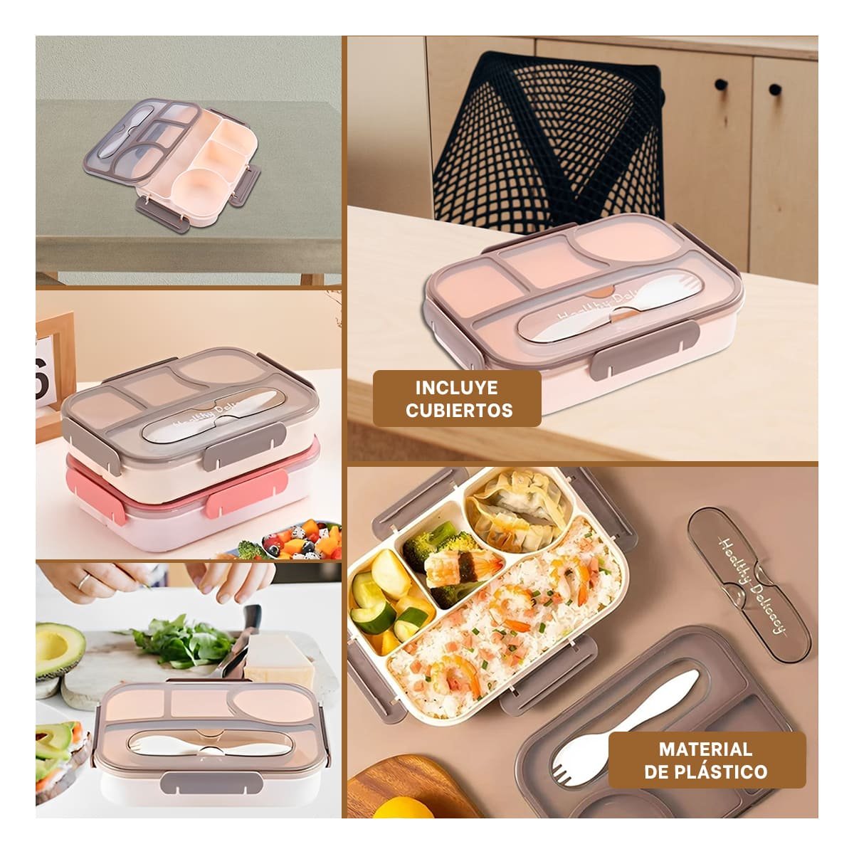 CAJA RECTANGULAR 4 ESPACIOS CON TENEDOR 1100ML MARRON MODERNO COMPACTO Y+PAPEL REGALO - 3