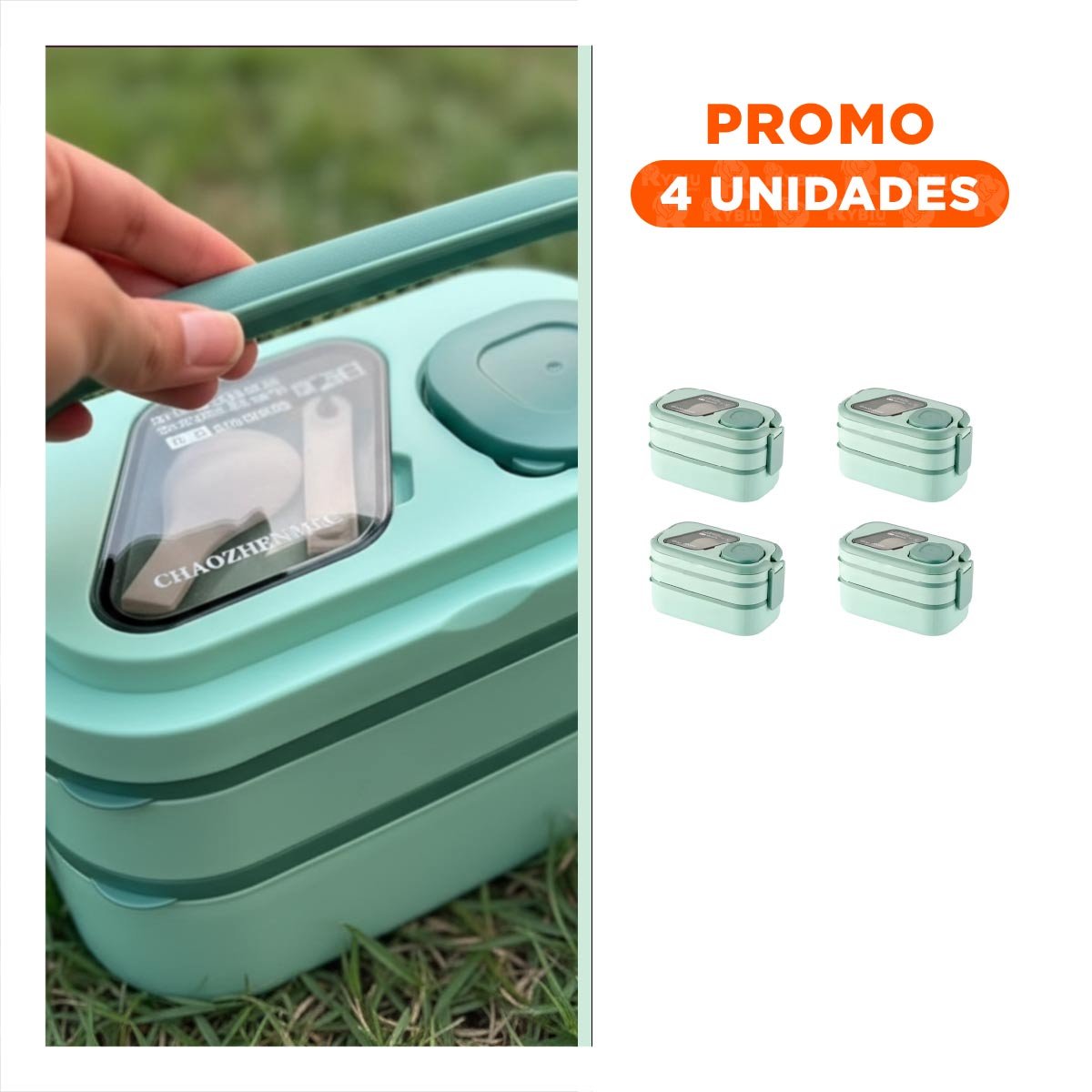 PACK4 ENVASE 2 PISOS CON COMPARTIMIENTOS Y CUBIERTOS VERDE TRANSPORTE COMIDA - 1