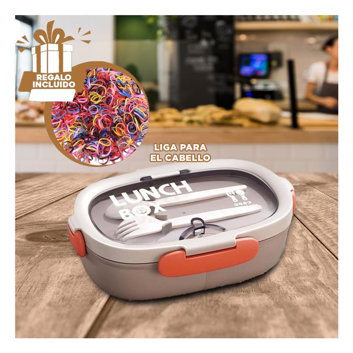 LONCHERA 850ML CON CUBIERTOS MARRON PARA LLEVAR COMIDA FACIL A COLEGIO Y+LIGAS REGALO - 2
