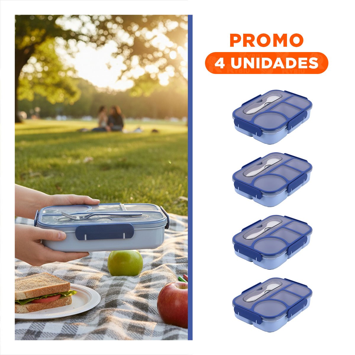 PACK4 ESTUCHE RECTANGULAR 4 ESPACIOS CON TENEDOR 1100ML AZUL PRACTICO - 1