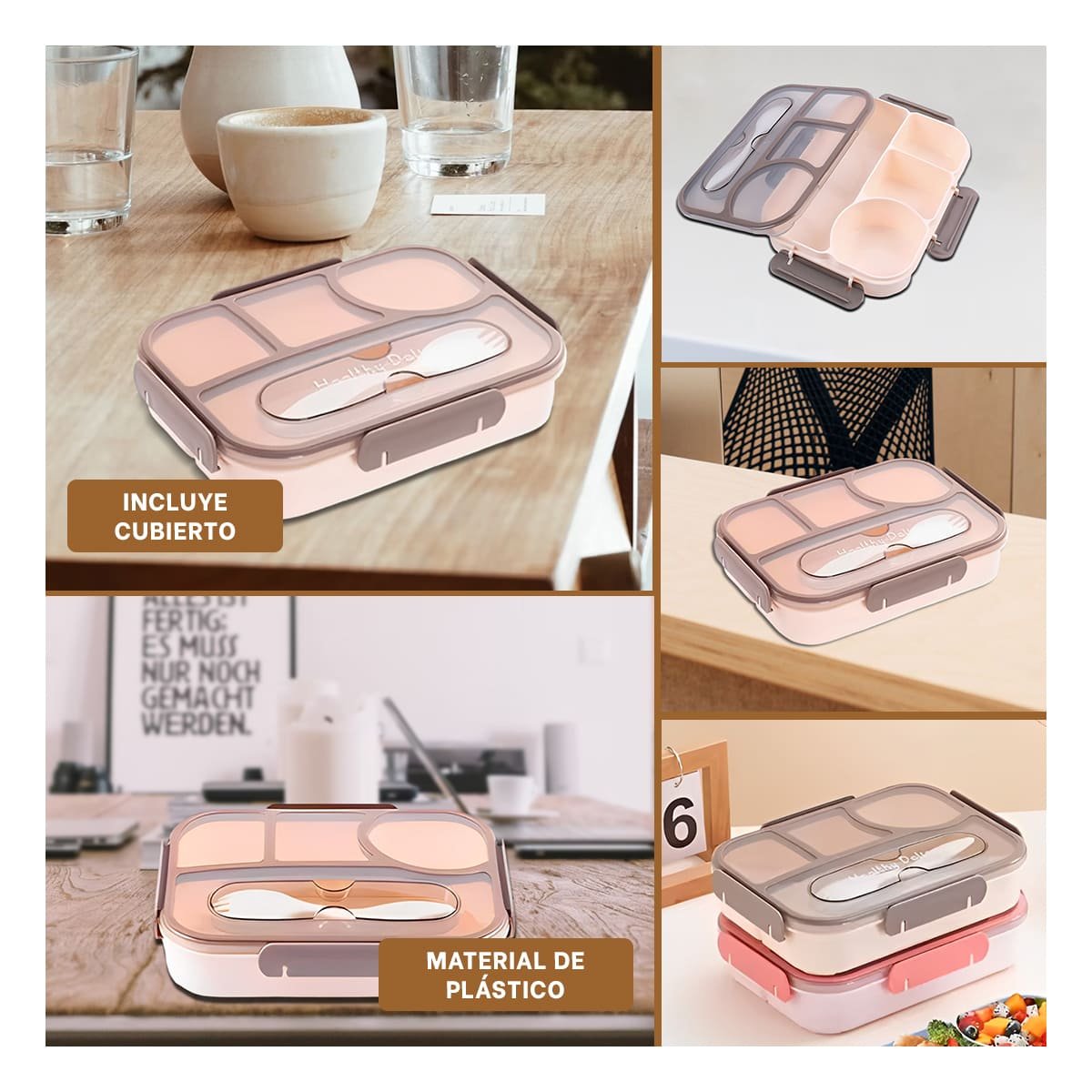 PACK2 ESTUCHE RECTANGULAR 4 ESPACIOS CON TENEDOR 1100ML MARRON MODERNO Y+PAPEL REGALO - 3