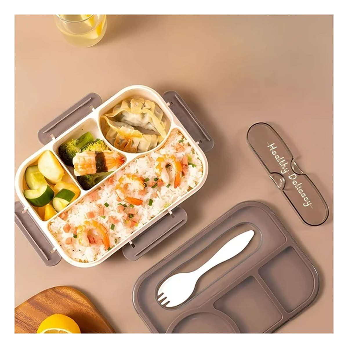 PACK2 ESTUCHE RECTANGULAR 4 ESPACIOS CON TENEDOR 1100ML MARRON MODERNO Y+PAPEL REGALO - 5