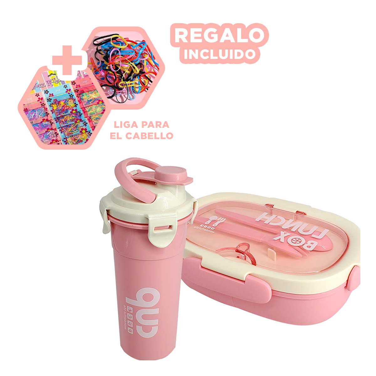 LONCHERA 850ML CON CUBIERTOS Y TOMATODO 480ML ROSADO PARA ESTUDIO PRACTICO Y+LIGAS REGALO - 2