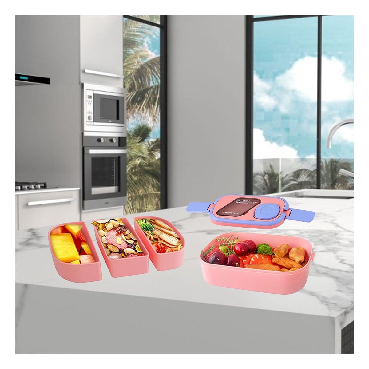TAPER DOBLE PISO CON COMPARTIMIENTOS Y CUBIERTOS ROSADO Y LILA PARA COCINA - 1