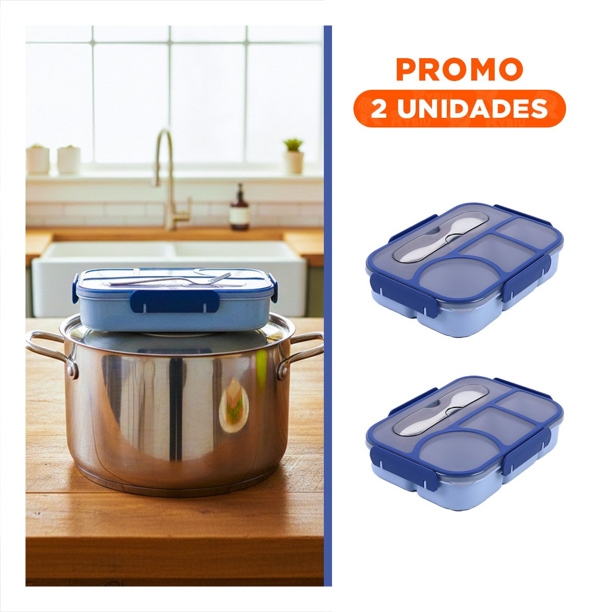 PACK2 ESTUCHE RECTANGULAR 4 ESPACIOS CON TENEDOR 1100ML AZUL RESISTENTE Y+REGALO STICKER - 1
