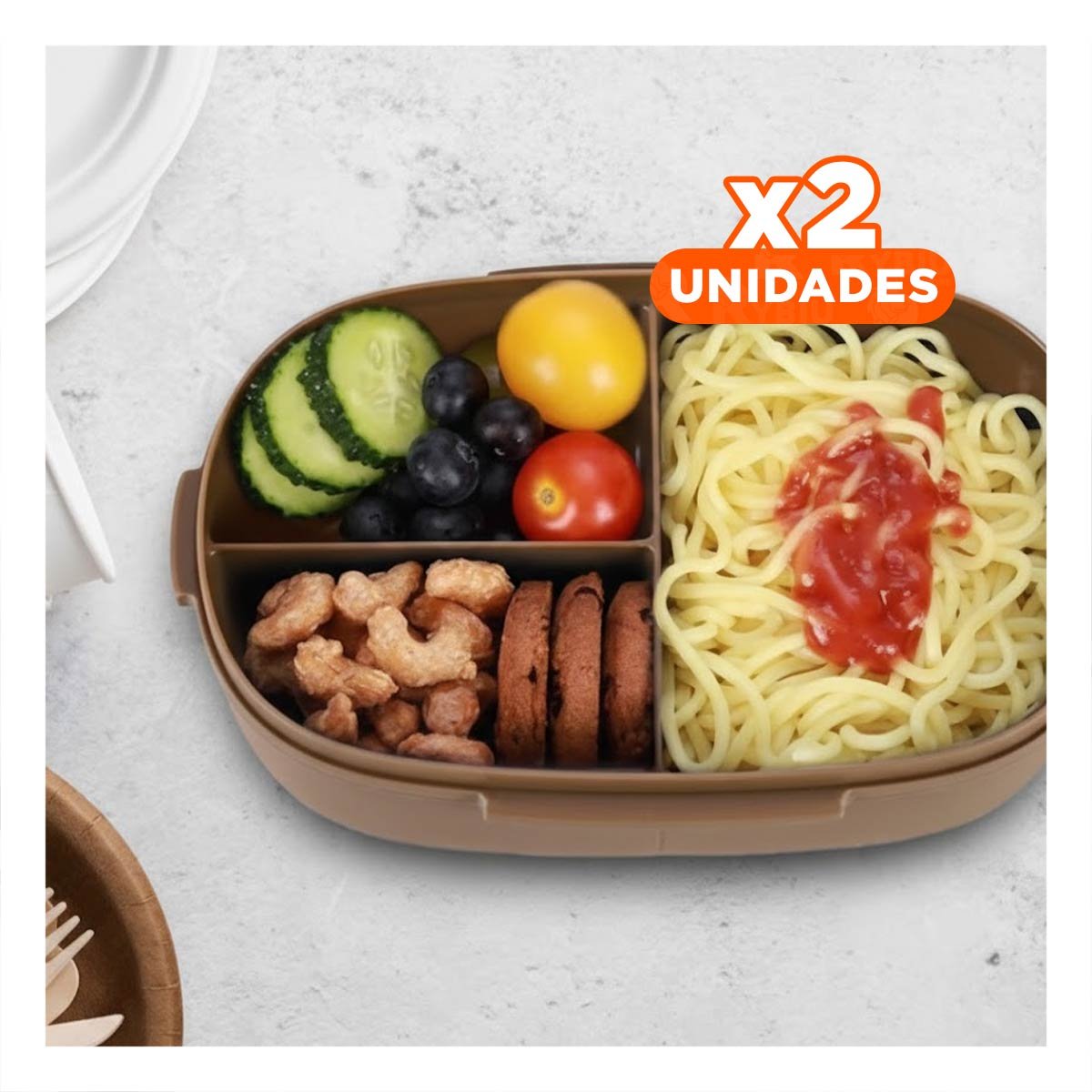 PACK2 ENVASE 850ML CON CUBIERTOS MARRON PARA LLEVAR ALMUERZOS EN CASA OFICINA Y+PAPEL REGALO - 1