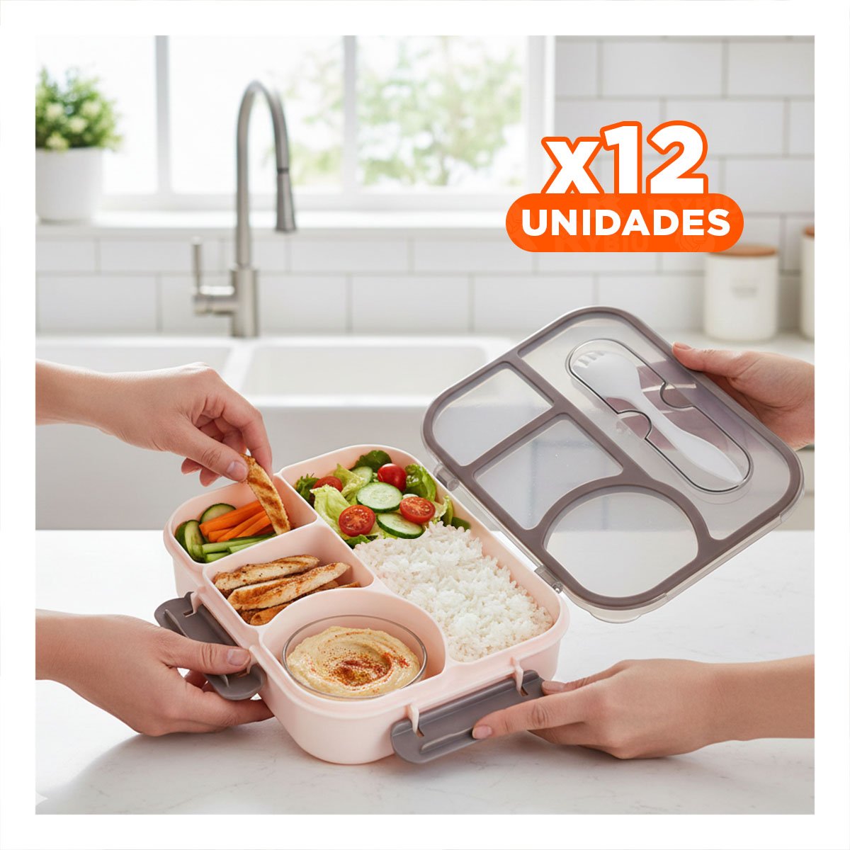 PACK12 LONCHERA RECTANGULAR 4 ESPACIOS CON TENEDOR 1100ML MARRON MODERNO Y+REGALO STICKER - 1