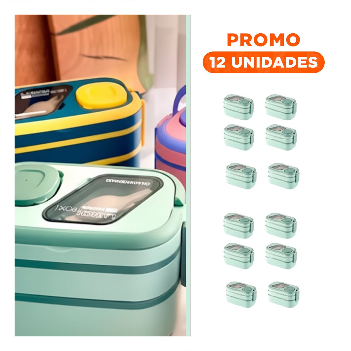 PACK12 PORTA COMIDA 2 PISOS CON COMPARTIMIENTOS Y CUBIERTOS VERDE TRANSPORTE ALMUERZOS - 1