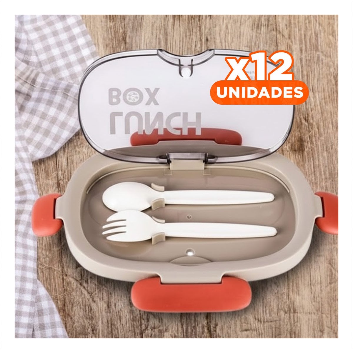 PACK12 CAJA ALMUERZO 850ML CON CUBIERTOS MARRON PARA TRANSPORTAR ALMUERZOS Y+REGALO STICKER - 1